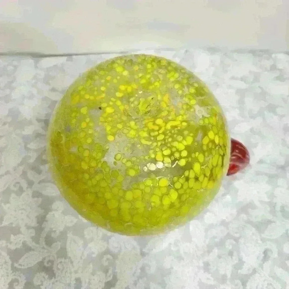 Hand-blown glass water pitcher yellow bubbles red handle. - Picture 3 of 10